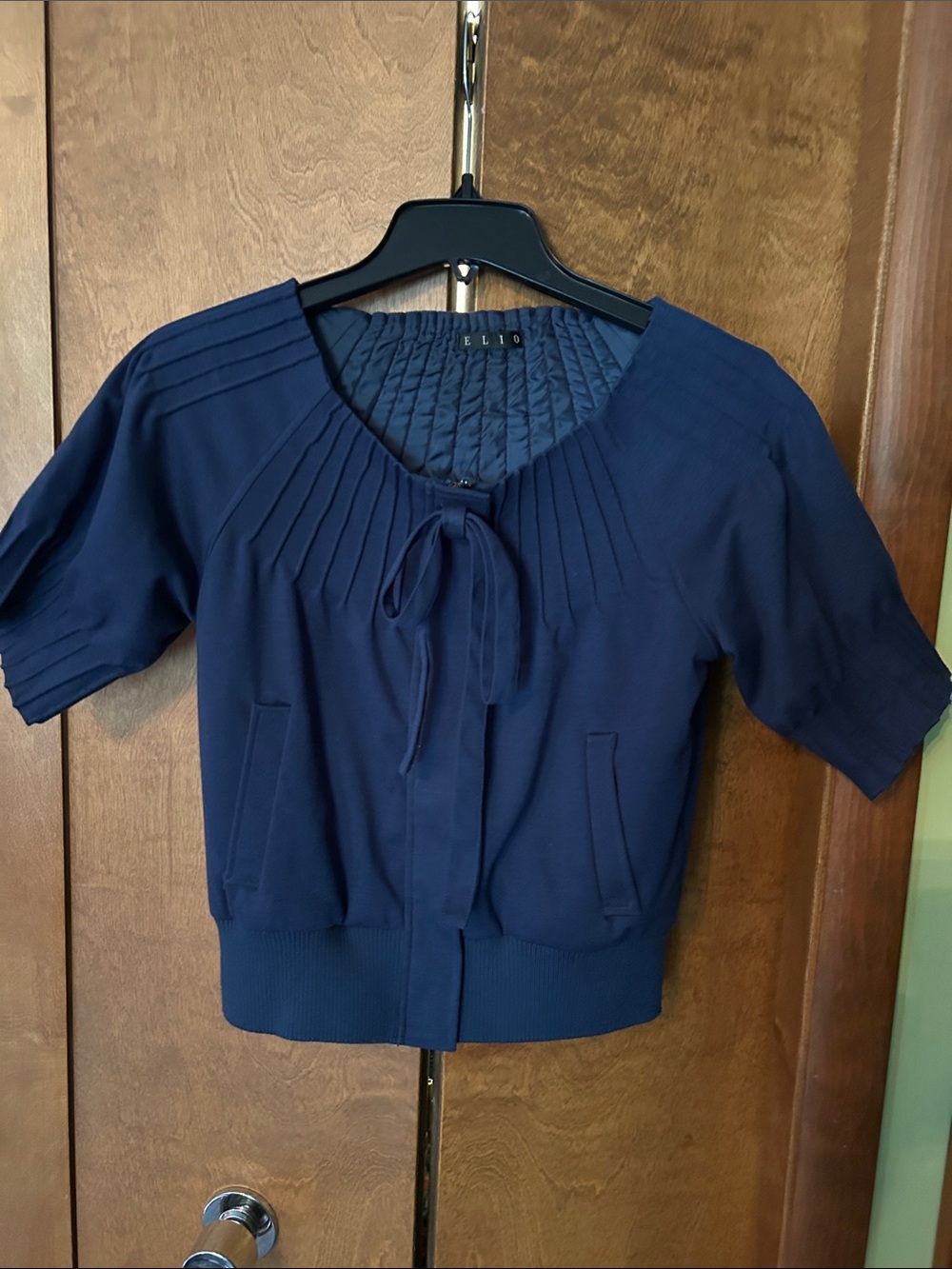 Navy Short-Sleeve Bomber Jacket with Pleated Yoke